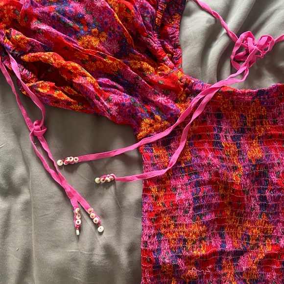 NWOT Free People Hot Pink Ditsy Floral Print Blouse Puff Sleeve Top, XL - Picture 5 of 11